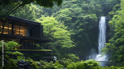 A Dramatic Black Villa Beside a Picturesque Waterfall in a Captivating Japanese Forest, Showcasing Modern Architectural Inspiration