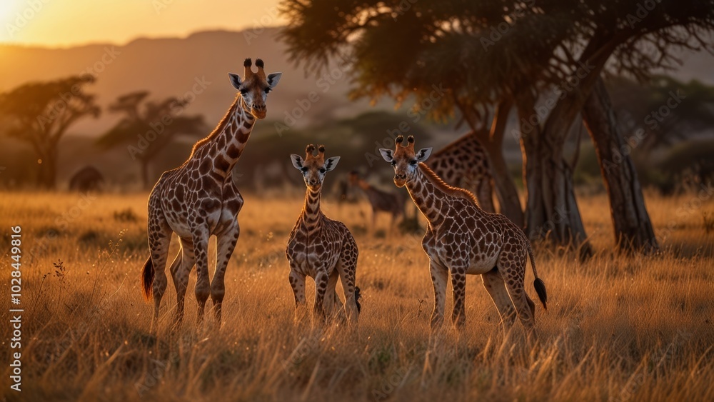 Obraz premium A majestic giraffe with its calf stands serenely amidst the golden grasses of the African savanna, silhouetted by a breathtaking sunset. The scene captures the tranquil beauty of wildlife and nature.
