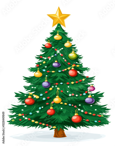 A green Christmas tree with colorful ornaments and a golden star on top. Transparent background.