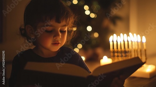 A child reading a Hanukkah storybook in front of the menorah. photo