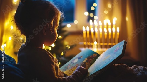 A child reading a Hanukkah storybook in front of the menorah. photo