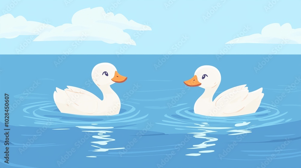 Fototapeta premium two white ducks swimming happily in the ocean, cartoon-style vector illustration