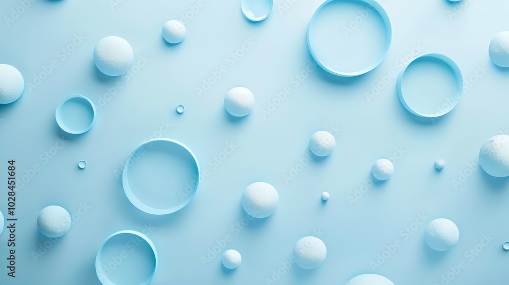 A minimalist pattern of white circles and blue rings on a light blue background. A minimalist pattern of white circles and blue rings on a light blue background.