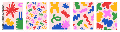 Abstract retro set colorful backgrounds with naive playful shapes on a light background. Trendy vector illustration
