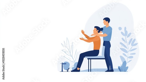 A professional physiotherapy banner with an image of a therapist helping a patient with physical rehabilitation exercises.  photo