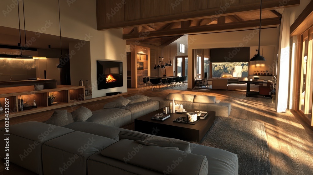 An open plan living room with a sectional sofa modern lighting fixtures and a sleek entertainment unit An open plan living room with a sectional sofa modern lighting fixtures and a sleek entertainment unit