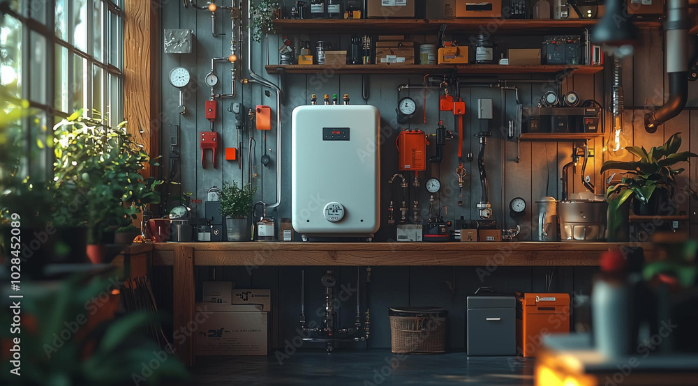 Gas boiler on the wall in the workshop with a large window, created with Generative AI technology Gas boiler on the wall in the workshop with a large window, created with Generative AI technology