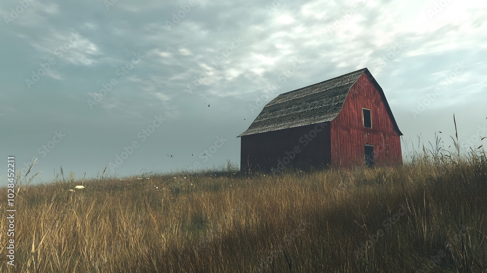 60. An abandoned barn in a vast field, surrounded by tall grass 60. An abandoned barn in a vast field, surrounded by tall grass