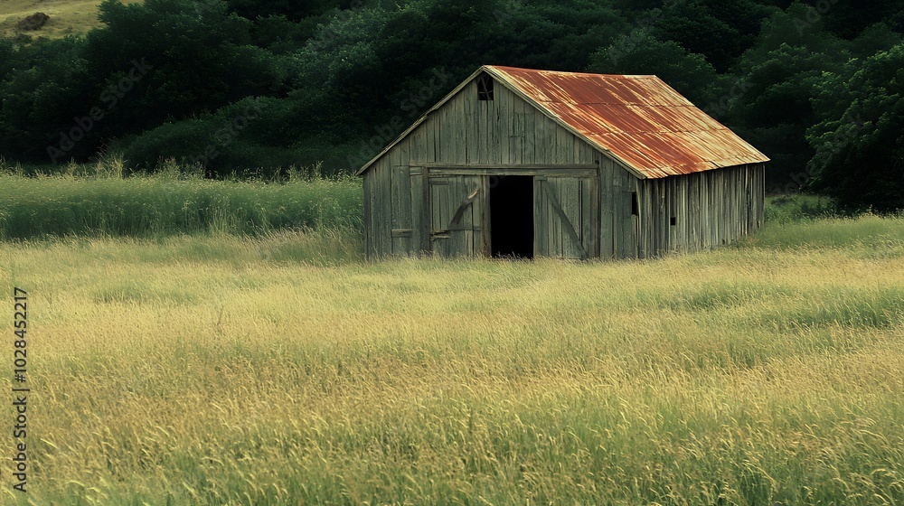 60. An abandoned barn in a vast field, surrounded by tall grass 60. An abandoned barn in a vast field, surrounded by tall grass