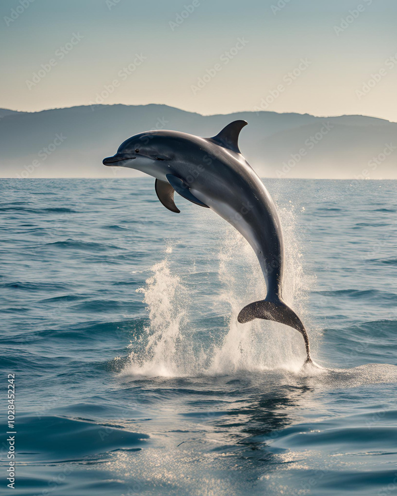 Obraz premium dolphin jumping, marine life, ocean adventure, wildlife photography, playful dolphins, aquatic acrobatics, nature's spectacle, ocean waves, coastal beauty, vibrant sea, underwater world, animal behavi