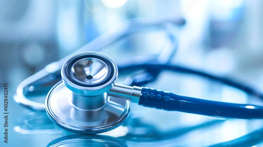 A stethoscope, a symbol of healthcare and medical care, lies on a blue surface. A stethoscope, a symbol of healthcare and medical care, lies on a blue surface.