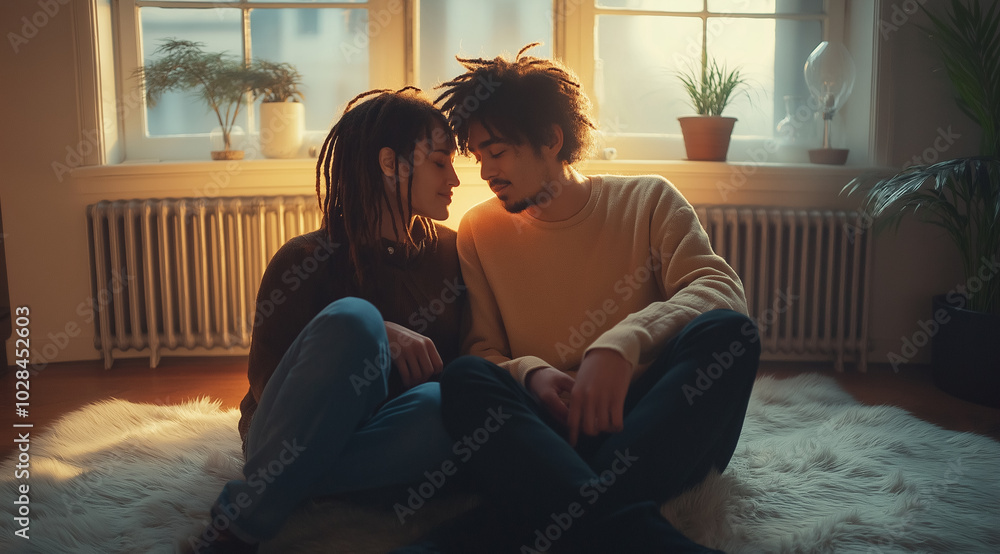 A man and a woman are sitting on the floor near the radiator, created with Generative AI technology A man and a woman are sitting on the floor near the radiator, created with Generative AI technology