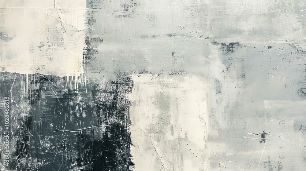Obraz premium Abstract painting with white, gray, and black brushstrokes and texture.