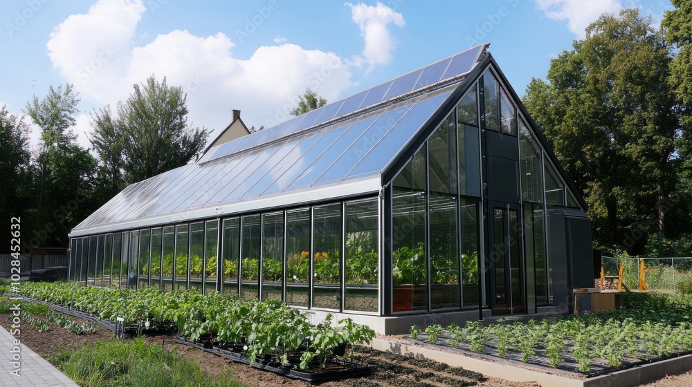 Modern Greenhouse with Solar Panels and Plants Modern Greenhouse with Solar Panels and Plants
