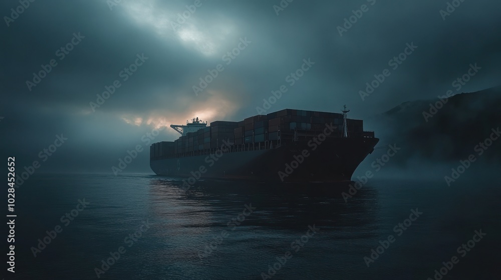 Fototapeta premium A cargo ship navigates through foggy waters at dusk, creating a mysterious atmosphere.
