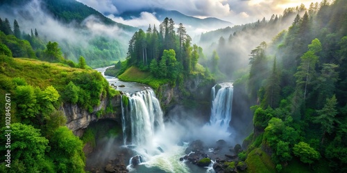 A breathtaking aerial shot captures a gorgeous waterfall cascading amidst a foggy morning, embraced by a vibrant green forest surrounding the rugged cliff edges.