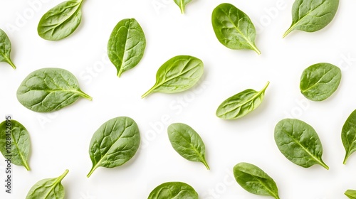 Fresh green healthy spinach on white background, top view. 