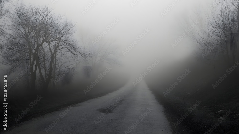 61. A wide stretch of road disappearing into the fog, creating a sense of mystery 61. A wide stretch of road disappearing into the fog, creating a sense of mystery