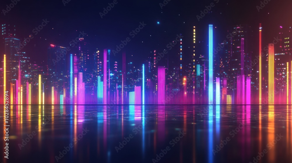 Neon Lights Reflecting on a Dark Cityscape Neon Lights Reflecting on a Dark Cityscape