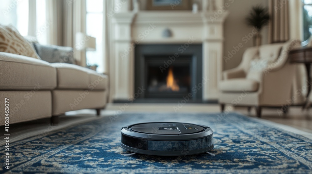 A robotic vacuum cleaner on a rug in a cozy living room with a fireplace. A robotic vacuum cleaner on a rug in a cozy living room with a fireplace.