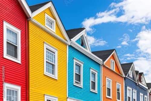 Vibrant street lined with colorful rainbow houses featuring charming balconies in a picturesque neighborhood.