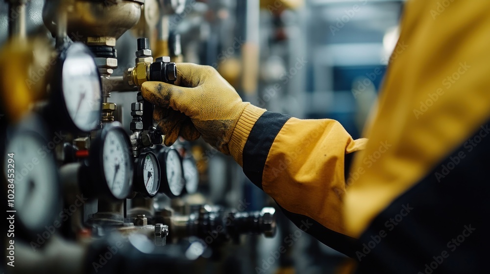A worker adjusts a valve on a control panel with pressure gauges in an industrial setting. A worker adjusts a valve on a control panel with pressure gauges in an industrial setting.