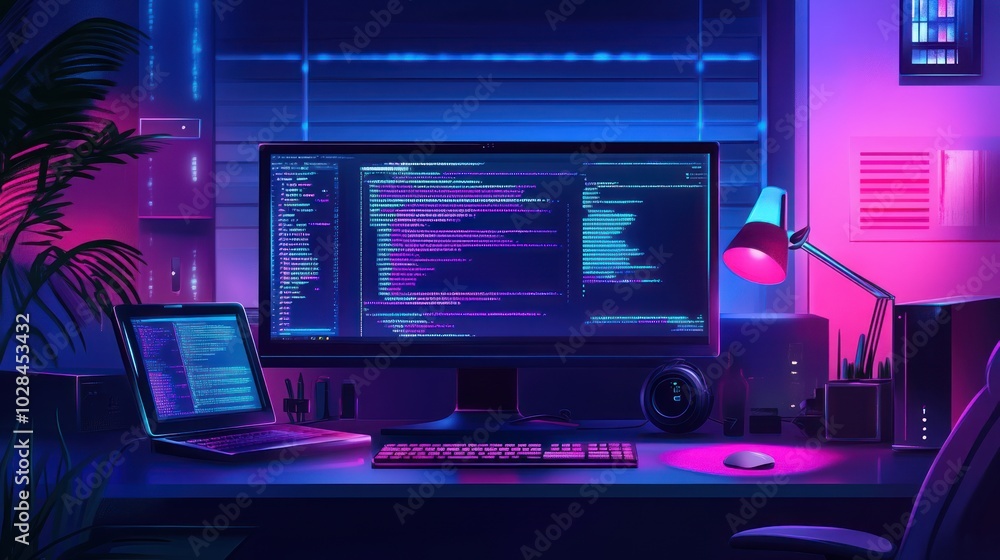 Neon-Lit Desk with Computer, Laptop, and Coding Screen Neon-Lit Desk with Computer, Laptop, and Coding Screen