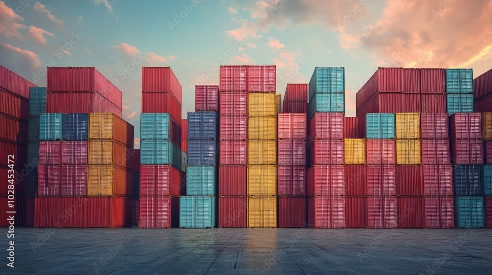 Fototapeta premium Cargo. Stacked cargo containers in port with copy space. Stack of Containers Cargo Ship Import/Export in Harbor Port, Cargo Freight Shipping of Container Logistics Industry. Cargo containers in port.
