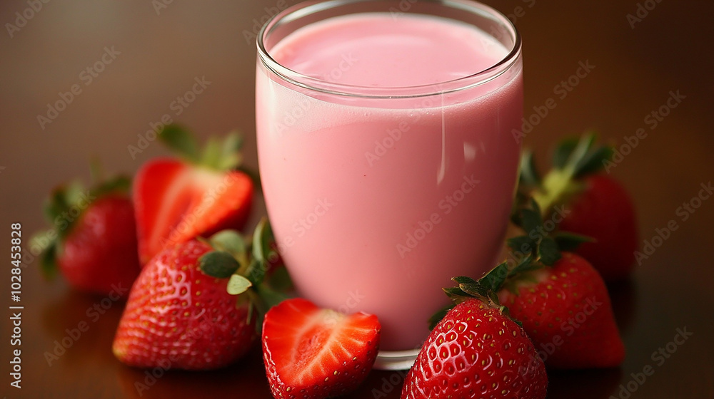 Smooth strawberry milk with bright pink color served Smooth strawberry milk with bright pink color served
