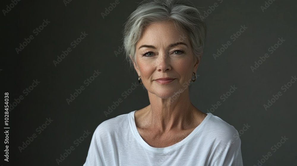 Beautiful older woman in white t-shirt female breast dark background Breast cancer support, prevention, mammography, screening, oncology, cancer treatment Beautiful older woman in white t-shirt female breast dark background Breast cancer support, prevention, mammography, screening, oncology, cancer treatment