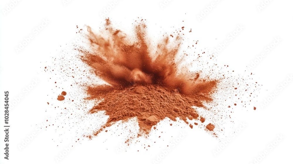 A burst of reddish-brown powder, resembling cocoa or spices, creating a dynamic visual effect. A burst of reddish-brown powder, resembling cocoa or spices, creating a dynamic visual effect.