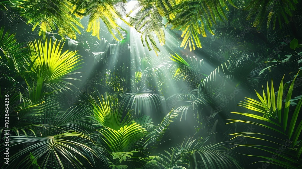 Fototapeta premium A dense rainforest with sunlight beaming through the leaves.