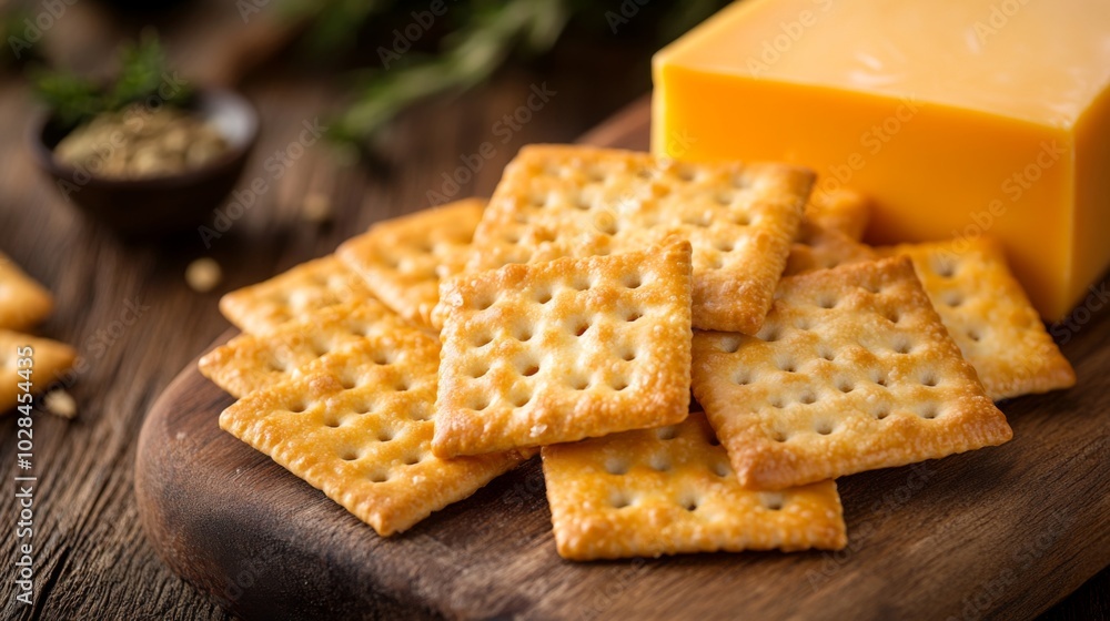 A close-up of a stack of square crackers with a block of cheddar cheese next to them. A close-up of a stack of square crackers with a block of cheddar cheese next to them.