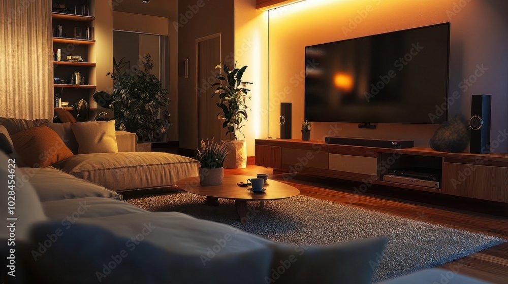 Cozy modern living room with ambient lighting and large TV at night Cozy modern living room with ambient lighting and large TV at night