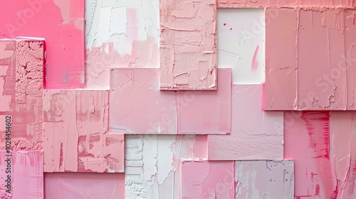 A close-up of a textured pink wall made of layered squares. photo