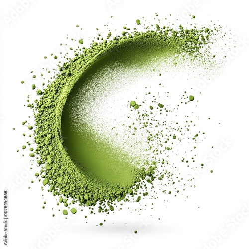 Green matcha powder flying, white background 