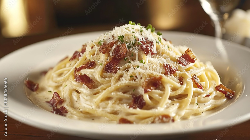 Spaghetti carbonara with crispy bacon and creamy sauce Spaghetti carbonara with crispy bacon and creamy sauce