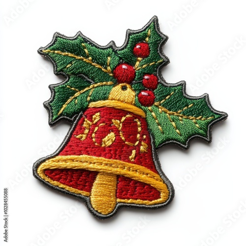 Christmas festive bell with holly and berries embroidered patch badge on isolated white background, vector badge and patch collection for print or embroidery
