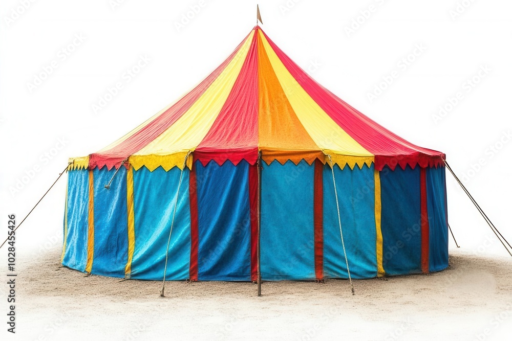 Colorful circus tent with vibrant stripes on a white isolated background. Colorful circus tent with vibrant stripes on a white isolated background.