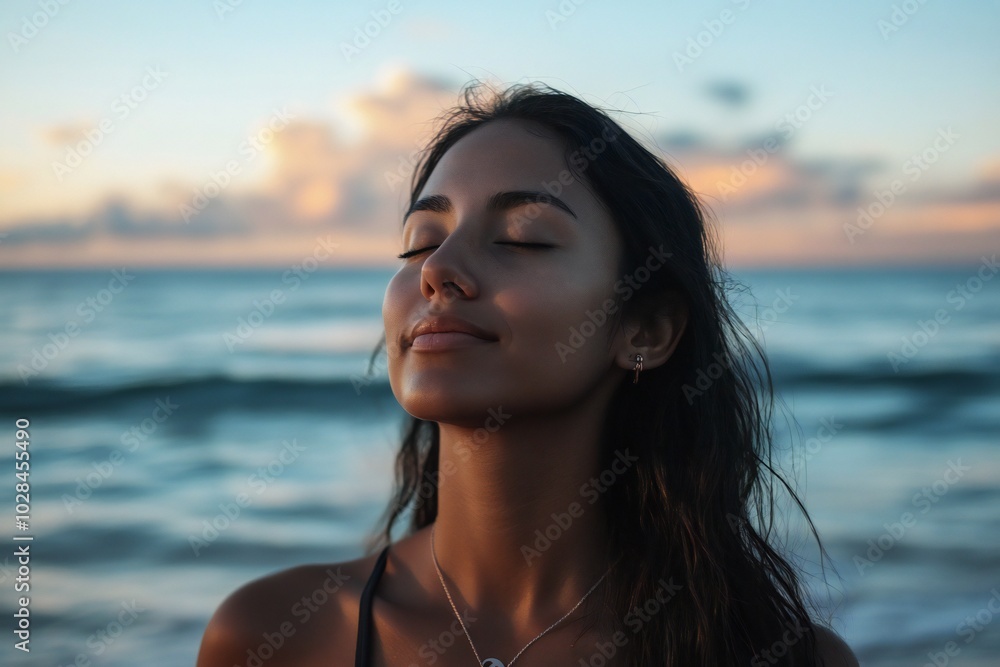 mexican american woman, happy and meditation with breathing on beach for fresh air or spiritual yoga in nature. Faith, person or peaceful by ocean for sunset worship, holistic mindset or zen with mock mexican american woman, happy and meditation with breathing on beach for fresh air or spiritual yoga in nature. Faith, person or peaceful by ocean for sunset worship, holistic mindset or zen with mock