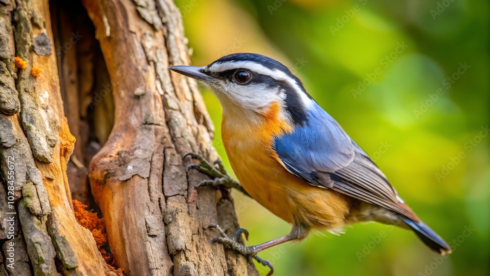 Fototapeta premium Colorful Nuthatch Perched on Tree Trunk in Natural Habitat, colorful bird, 