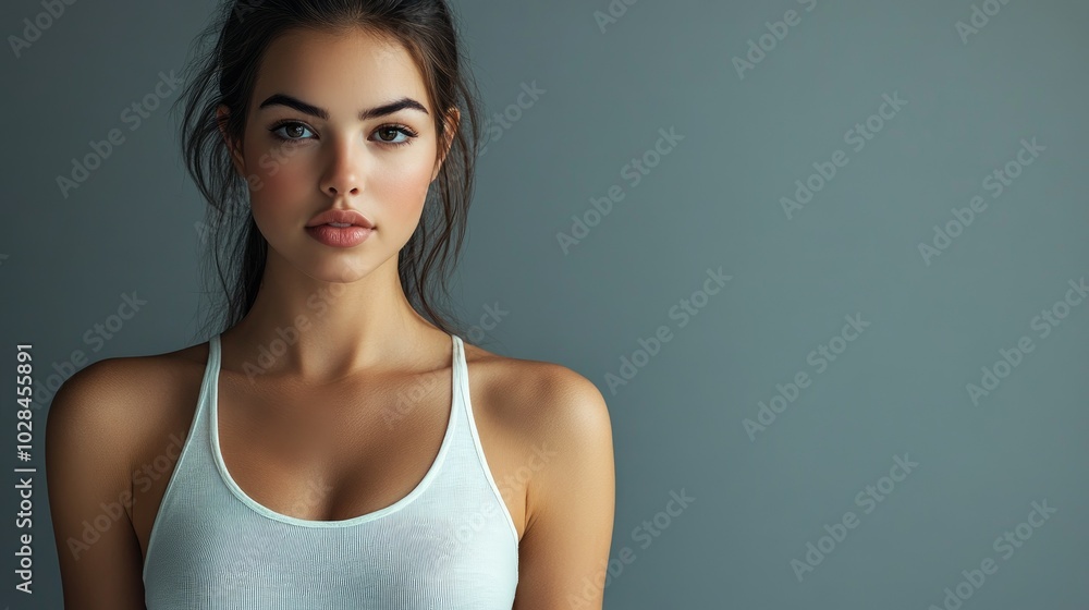 Beautiful Woman in White T-Shirt Women's Breast Dark Background Breast Cancer Support, prevention, mammography, screening, oncology, cancer treatment Beautiful Woman in White T-Shirt Women's Breast Dark Background Breast Cancer Support, prevention, mammography, screening, oncology, cancer treatment