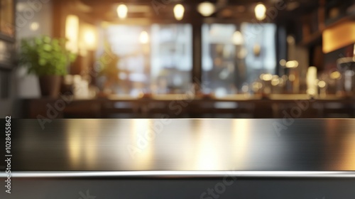 Fototapeta Naklejka Na Ścianę i Meble -  Empty metallic countertop surface with blurred restaurant kitchen background