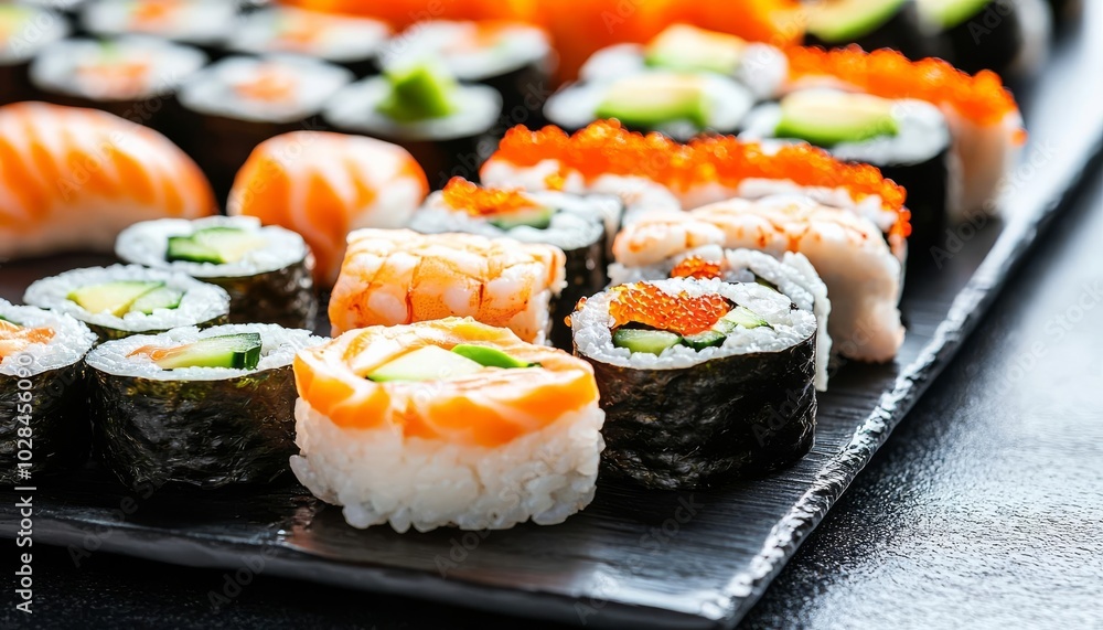 Assorted sushi rolls on a black slate platter, colorful and appetizing. Assorted sushi rolls on a black slate platter, colorful and appetizing.