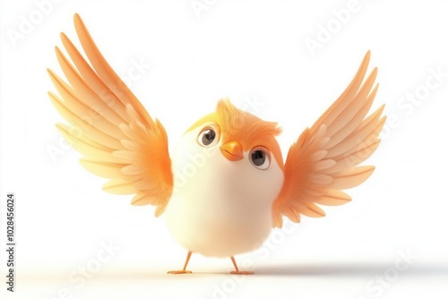 A cheerful cartoon bird with wings spread, white isolated background.