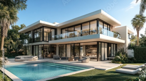 Wallpaper Mural exterior perspective view af a very modern villa in marbella, two floors, large glass vindows, exterior garden pool, very high details, high resolution, turquoise sky, 3D model Torontodigital.ca