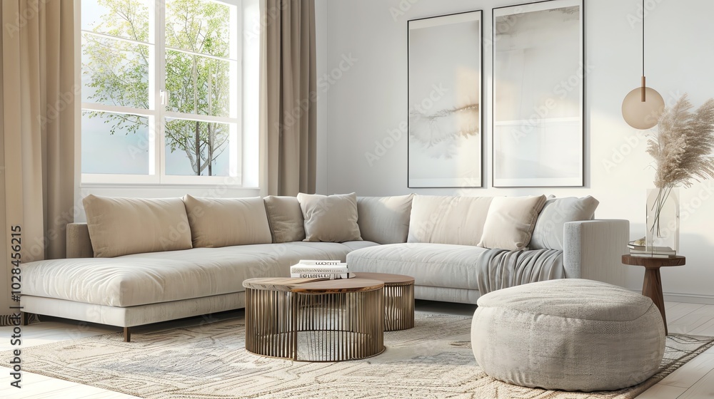 A minimalist living room with a gray sectional sofa, a round coffee table, and a pouf. A minimalist living room with a gray sectional sofa, a round coffee table, and a pouf.