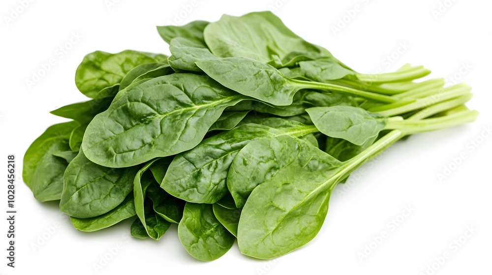 Fresh green healthy spinach on white background, top view. Fresh green healthy spinach on white background, top view.