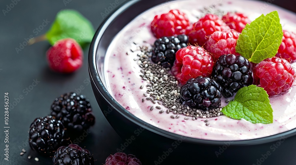 Bowl of yogurt topped with raspberries, blackberries, chia seeds, and mint leaves. Bowl of yogurt topped with raspberries, blackberries, chia seeds, and mint leaves.