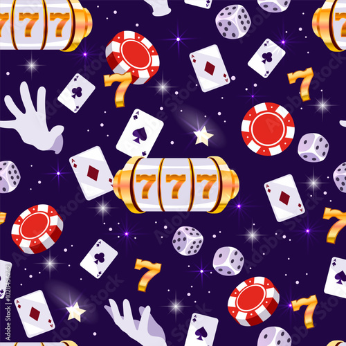 Casino pattern. Seamless colorful background. Roulette, chips, dice and cards. Vector illustration.